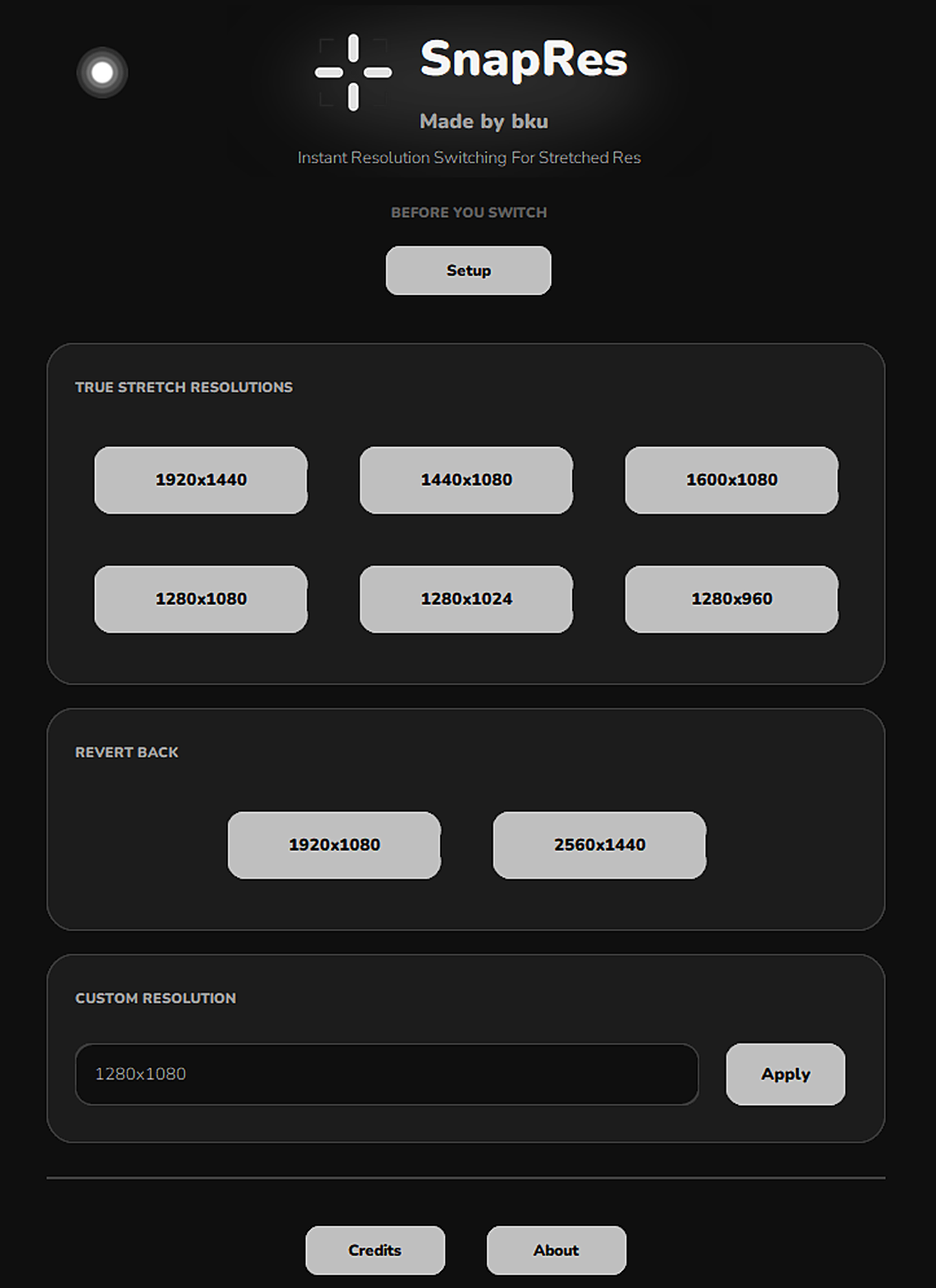 SnapRes app window showing stretched resolution presets