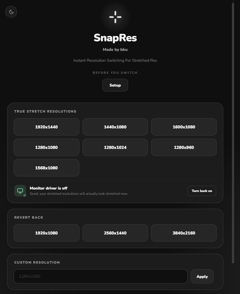 SnapRes app window showing stretched resolution presets